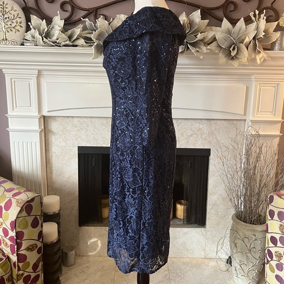 Alex Evenings Off the Shoulder lace and Sequence Dress, Navy, Size 8, NWT - Picture 8 of 15